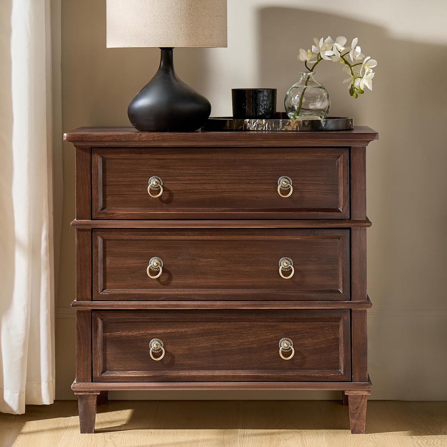 HULALA HOME Farmhouse End Table with 3 Drawers, Paulownia Solid Wood Side Table with Vintage Knobs, Ancient End Table with Charging Station, Easy Assembly, Walnut