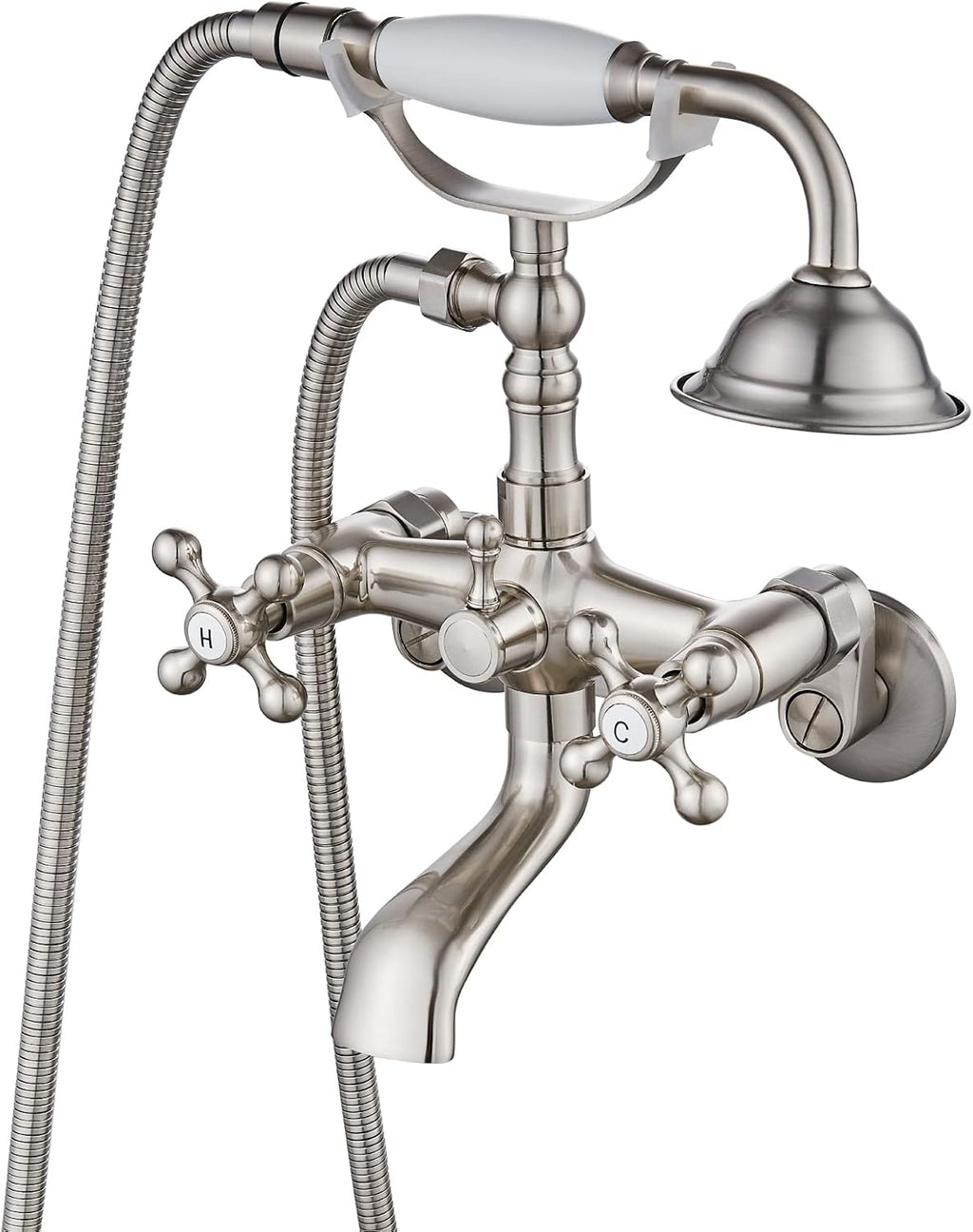 gotonovo Clawfoot Bathtub Faucet Tub Filler with Hand Held Shower Faucet Set Victorian Double Cross Handle 6 Inch Center Adjustable Swing Arms Tub Mount Short Adapter Brushed Nickel