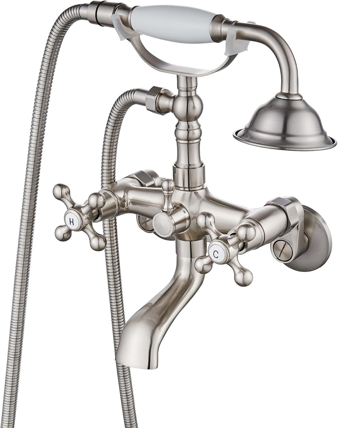 gotonovo Clawfoot Bathtub Faucet Tub Filler with Hand Held Shower Faucet Set Victorian Double Cross Handle 6 Inch Center Adjustable Swing Arms Tub Mount Short Adapter Brushed Nickel