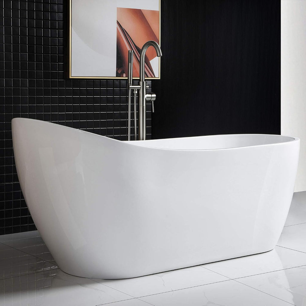 WOODBRIDGE 67' Acrylic Freestanding Bathtub Contemporary Soaking White Tub with Brushed Nickel Overflow and Drain，B-0001-BN