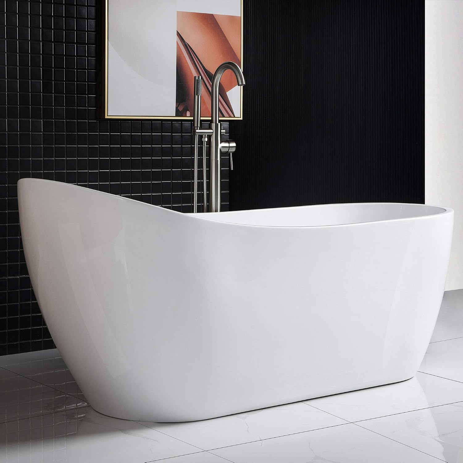 WOODBRIDGE 67' Acrylic Freestanding Bathtub Contemporary Soaking White Tub with Brushed Nickel Overflow and Drain，B-0001-BN