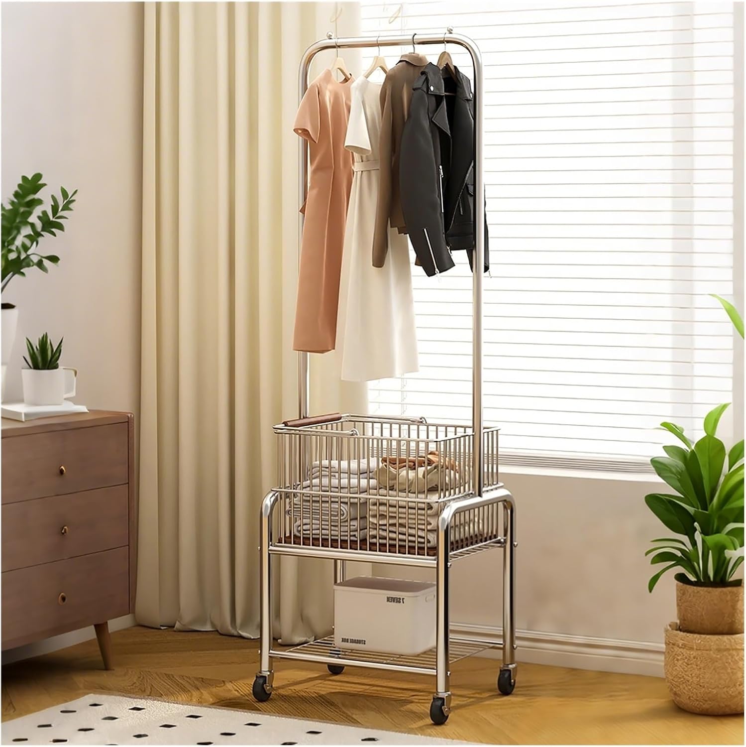 Garment Rack With Wheels, Rolling Clothing Racks For Hanging Clothes, Clothes Rack With Shelves, Metal Freestanding Clothing Organizer, For Bedroom Living Room
