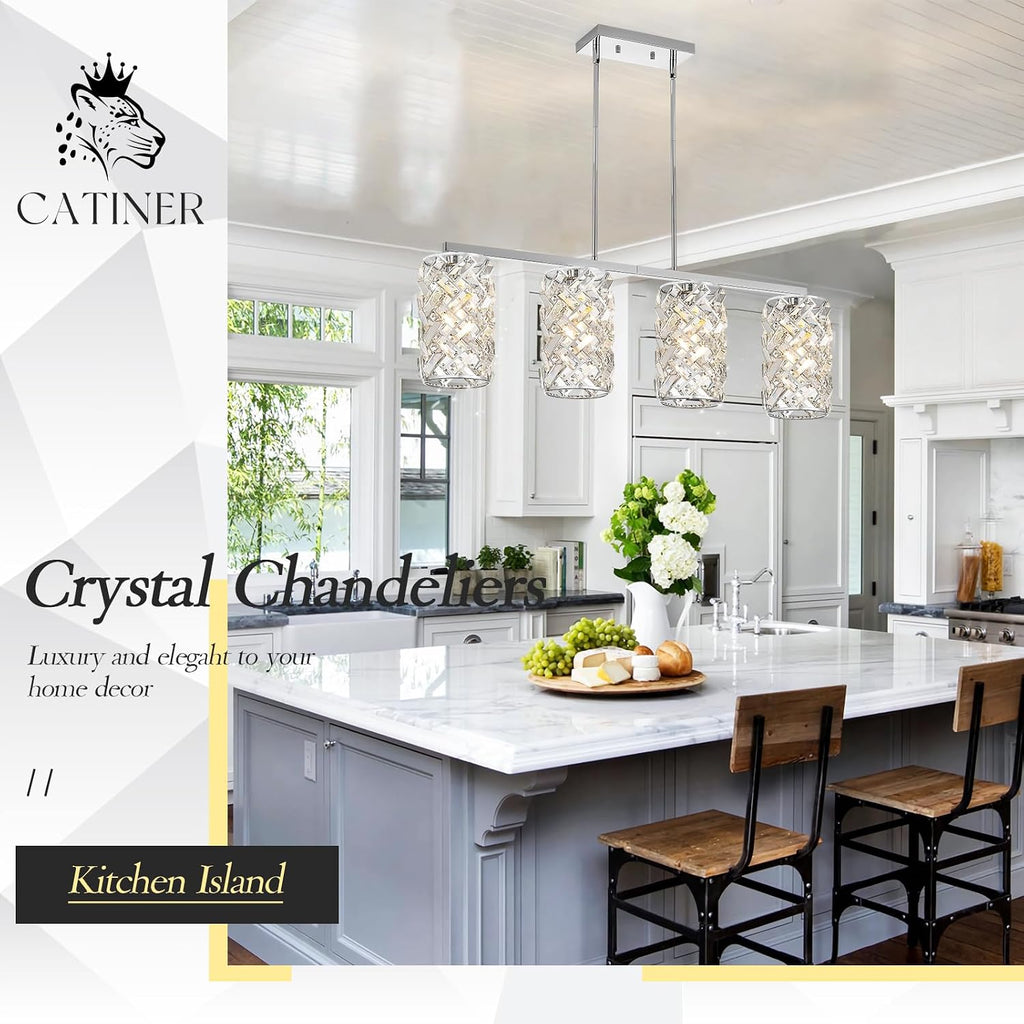 CATINER Chrome Crystal Kitchen Island Lighting 40' Modern Linear Chandelier, 4 Lights Polished Chrome Ceiling Pendant Light Fixture Over Table for Dining Room Living Room
