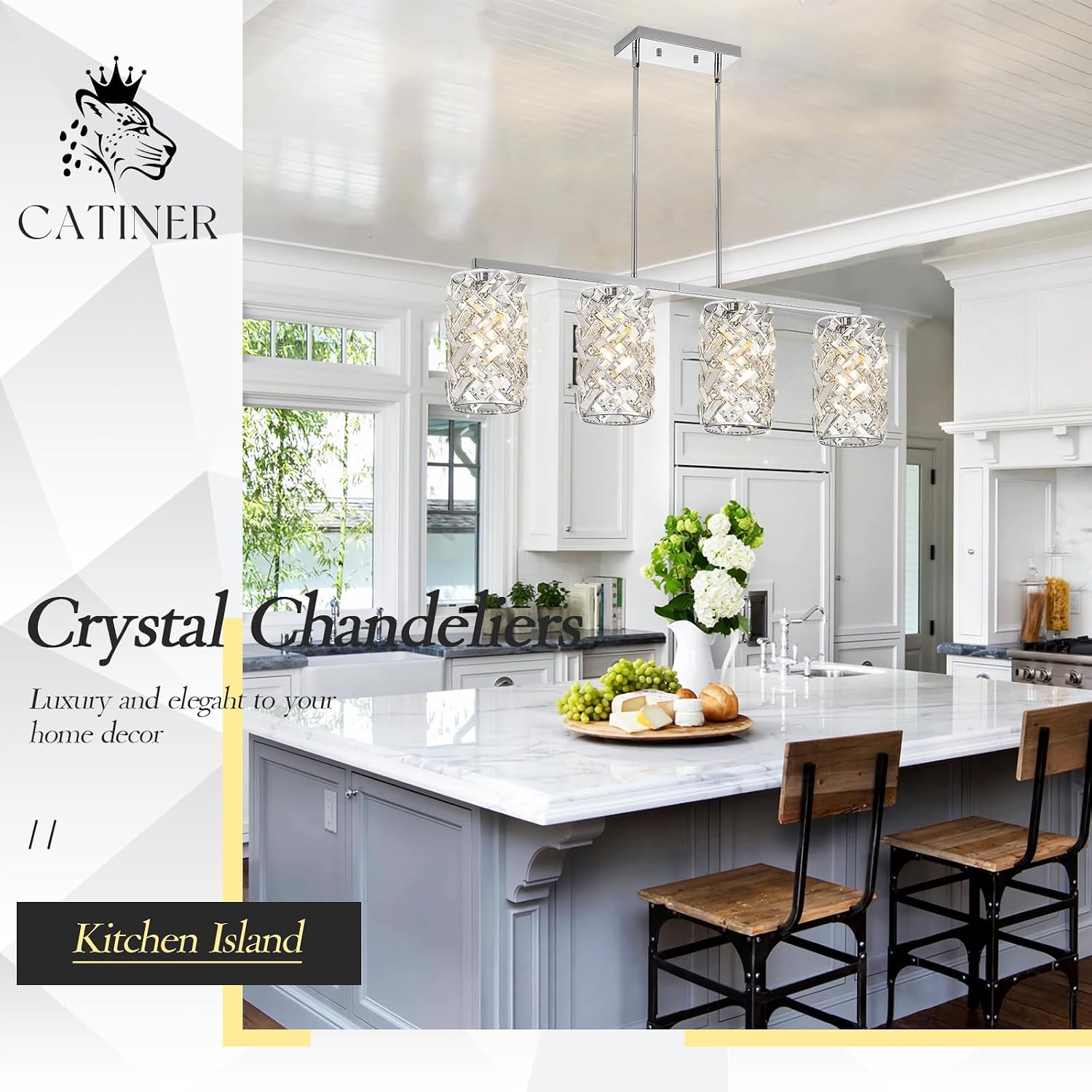 CATINER Chrome Crystal Kitchen Island Lighting 40' Modern Linear Chandelier, 4 Lights Polished Chrome Ceiling Pendant Light Fixture Over Table for Dining Room Living Room