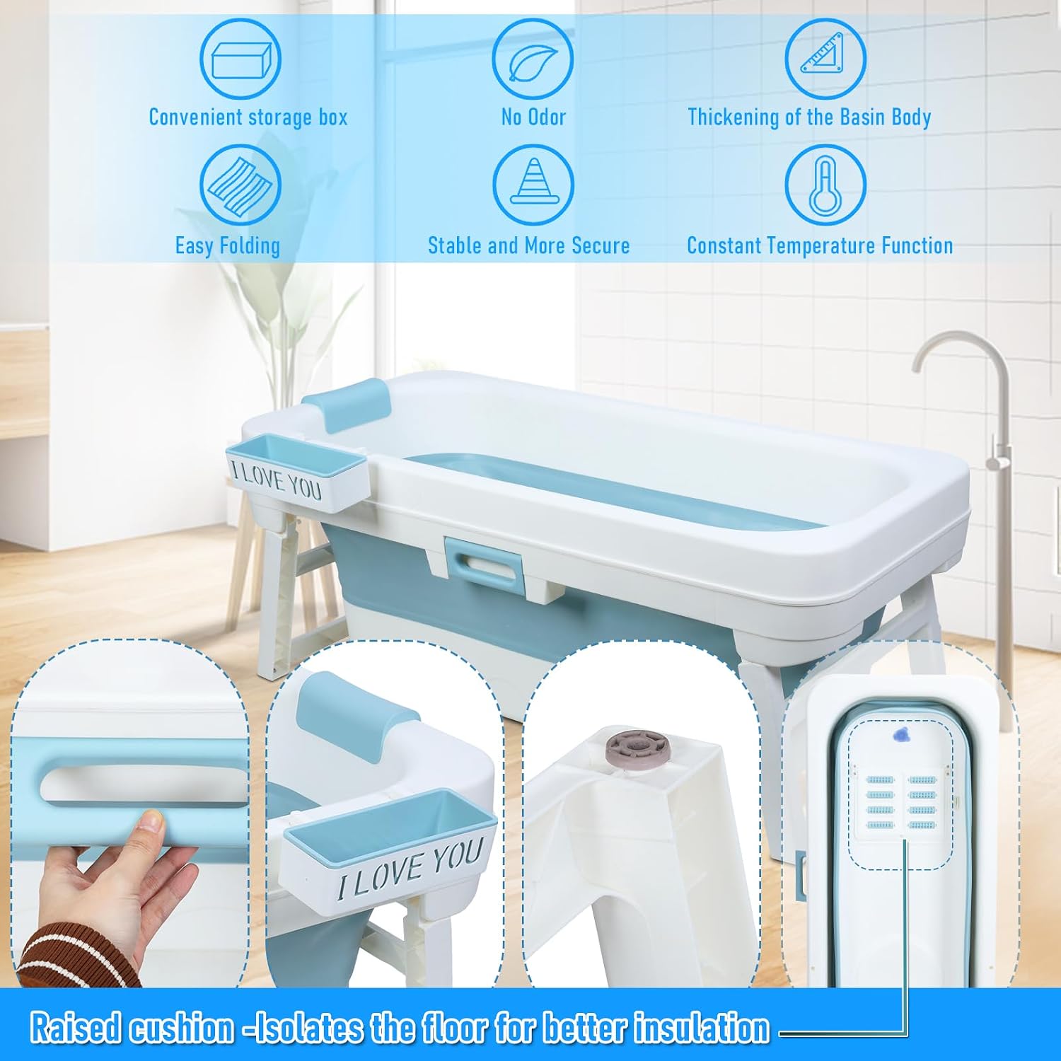 Portable Bathtub, 58/56/50/46 Inch Collapsible Bathtub, Freestanding Foldable for Adults, Folding Tub for Shower, Hot Bath, Ice Bath (Blue-C-130cm)