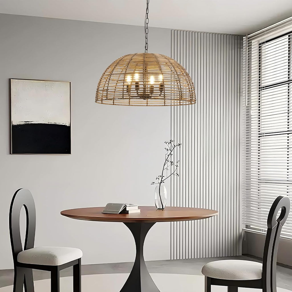 OCIOC Rattan Pendant Lighting, 23.6' Kitchen Island Hanging Light Fixtures,Large Boho Hand-Woven Chanderlier, E26 Farmhouse Retro Ceiling Chandelier 4-Lights For Dining Room Kitchen Island Living Room