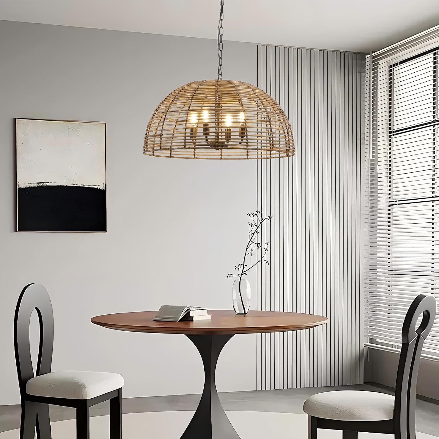 OCIOC Rattan Pendant Lighting, 23.6' Kitchen Island Hanging Light Fixtures,Large Boho Hand-Woven Chanderlier, E26 Farmhouse Retro Ceiling Chandelier 4-Lights For Dining Room Kitchen Island Living Room