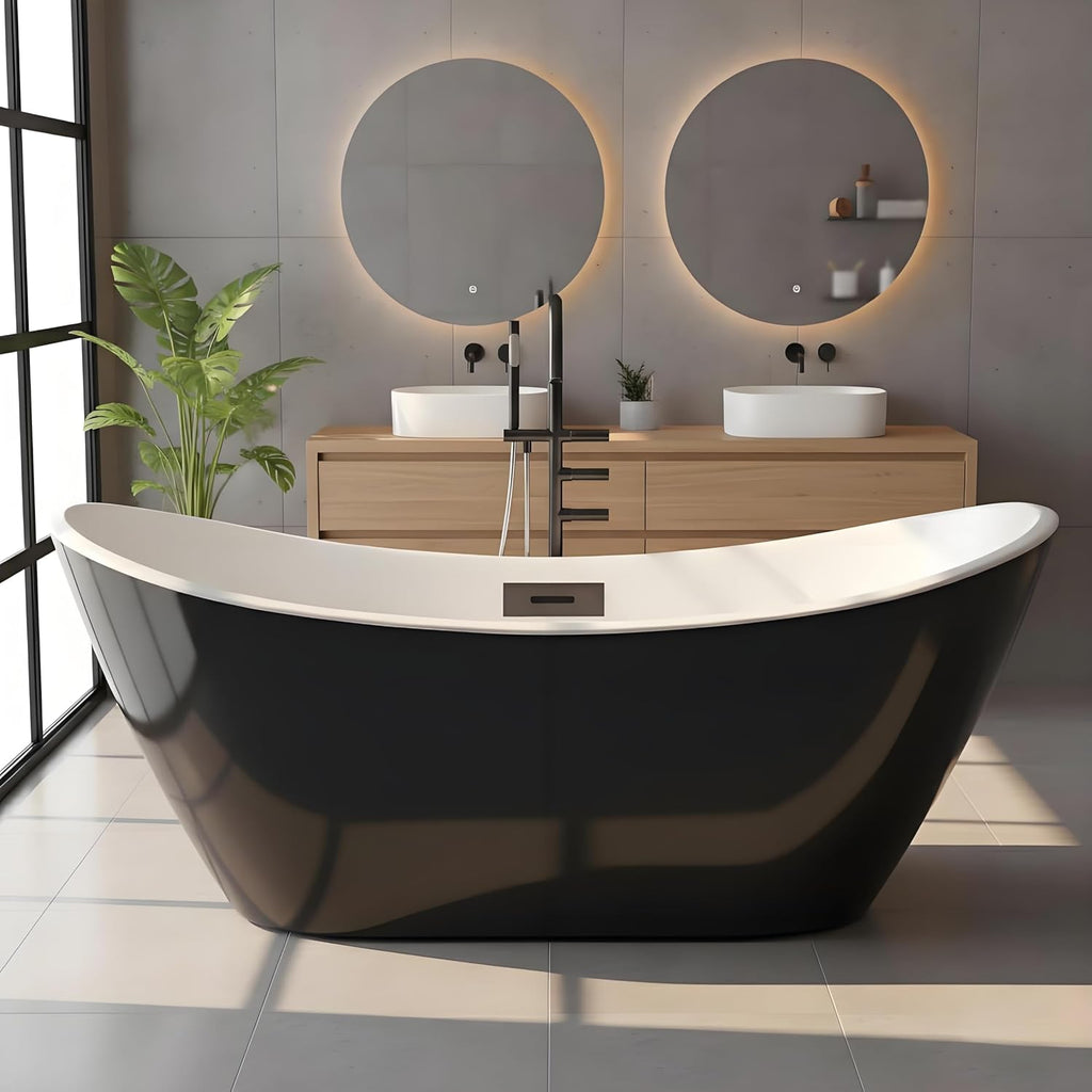 59 inch Acrylic Freestanding Bathtub, Black Exterior White Interior, Therapeutic Soaking Tub for Relaxation and Stress Relief, Freestanding Tub for Bathroom