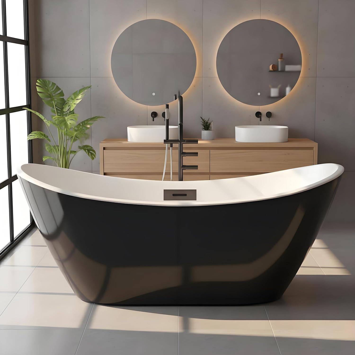 59 inch Acrylic Freestanding Bathtub, Black Exterior White Interior, Therapeutic Soaking Tub for Relaxation and Stress Relief, Freestanding Tub for Bathroom