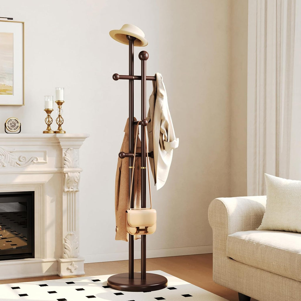 CozyDH Coat Rack Wooden Freestanding - Wood Coat Rack Freestanding Heavy Duty, Wooden Coat Stand with 6 Hooks Creative Look for Entryway, Hallway, Bedroom (Dark Walnut)