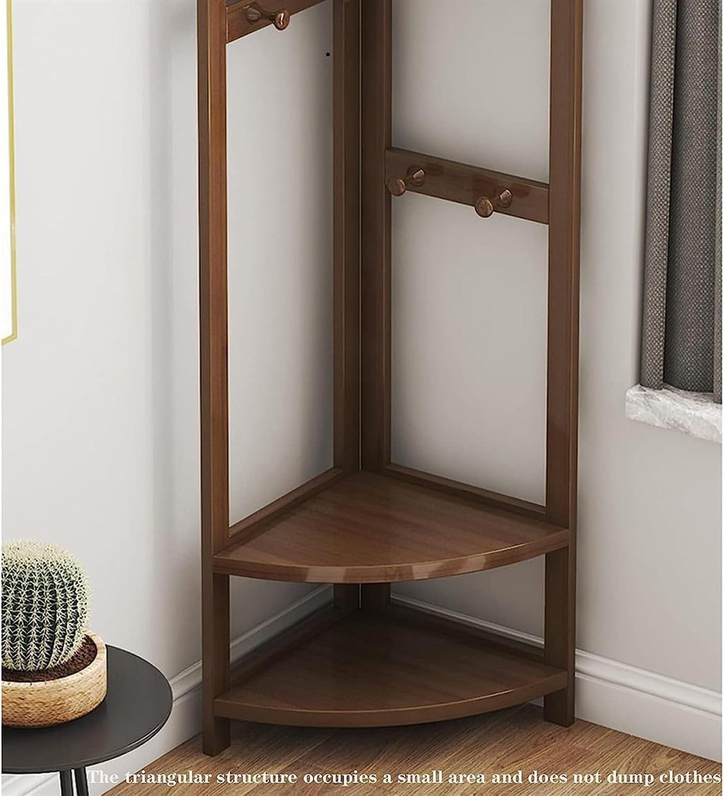 Wooden Coat Rack Freestanding Garment Rail with Hooks, Bamboo Corner Floor Hanger for Hats, Coats, Bags, Bedroom, Entryway, Hallway (Walnut, 170cm)