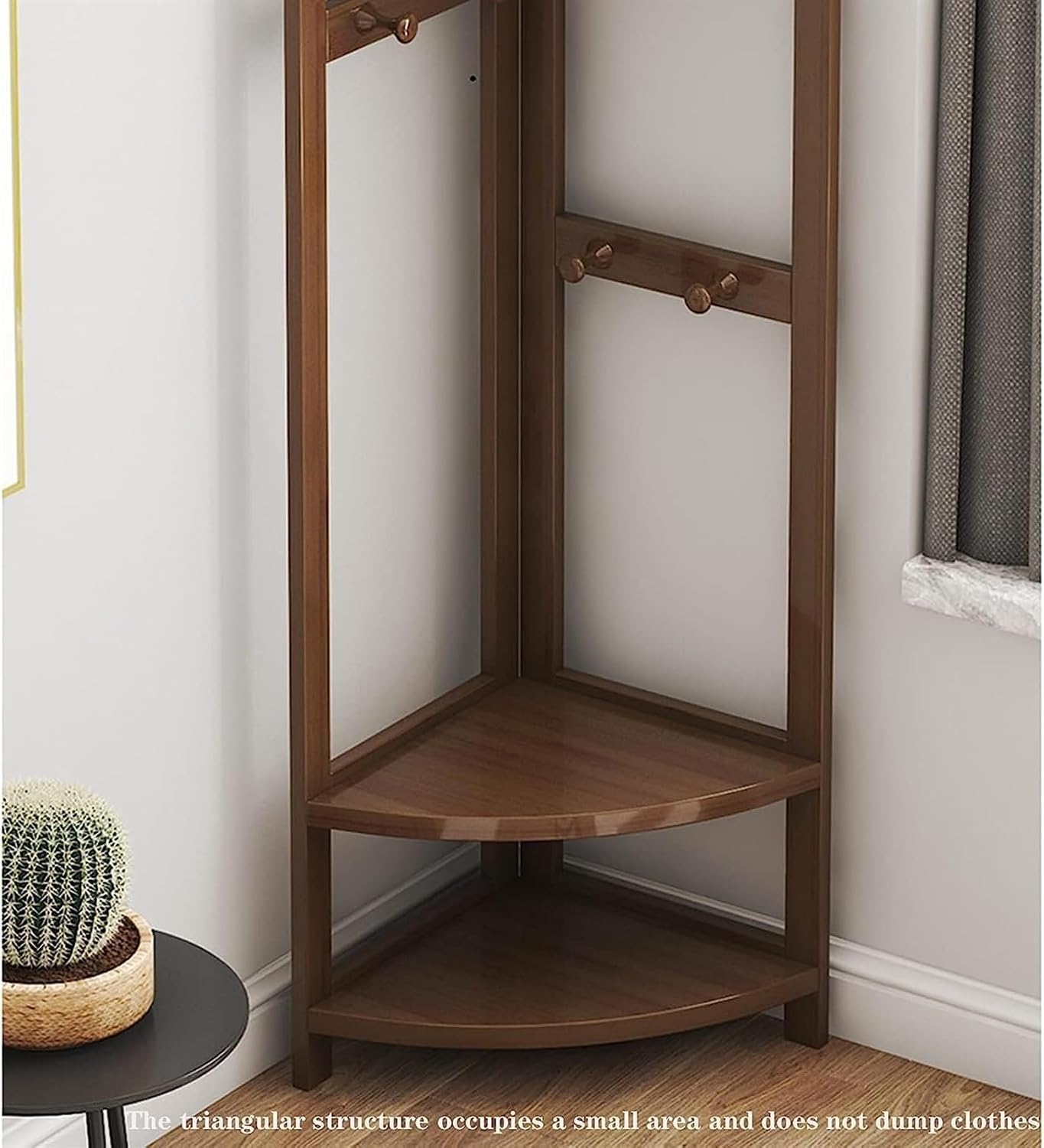 Wooden Coat Rack Freestanding Garment Rail with Hooks, Bamboo Corner Floor Hanger for Hats, Coats, Bags, Bedroom, Entryway, Hallway (Walnut, 170cm)