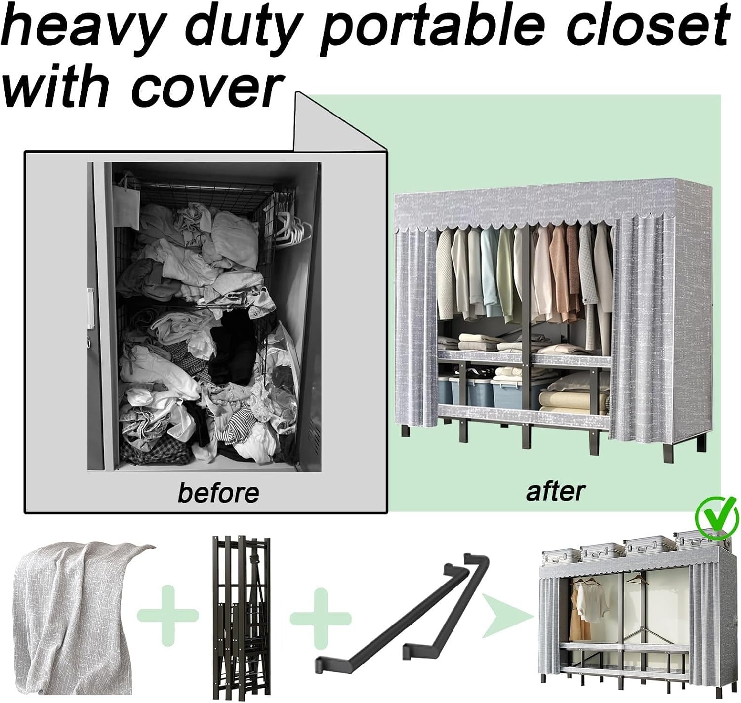 Wardrobe Clothes Organizer, Heavy Duty Garment Rack With Fabric Cover And 2 Hanging Rods, Portable Foldable Wardrobe Closet, 50cm Large Capacity Extra Wide Clothes Closets, Load 2000 Lbs(125x50x170cm)