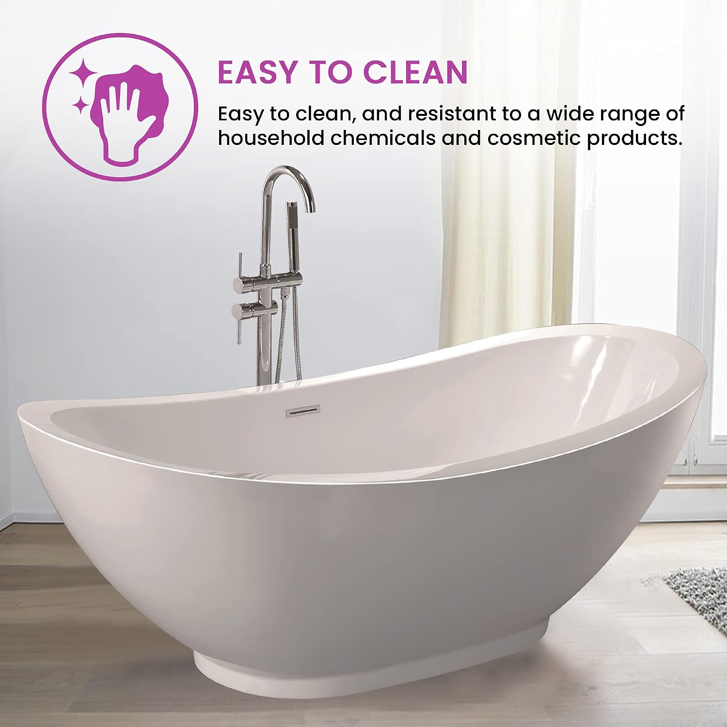 Vanity Art 69 Inches Freestanding Acrylic Bathtub Modern Stand Alone Soaking Tub with UPC Certified Slotted Overflow and Pop-up Drain VA6516