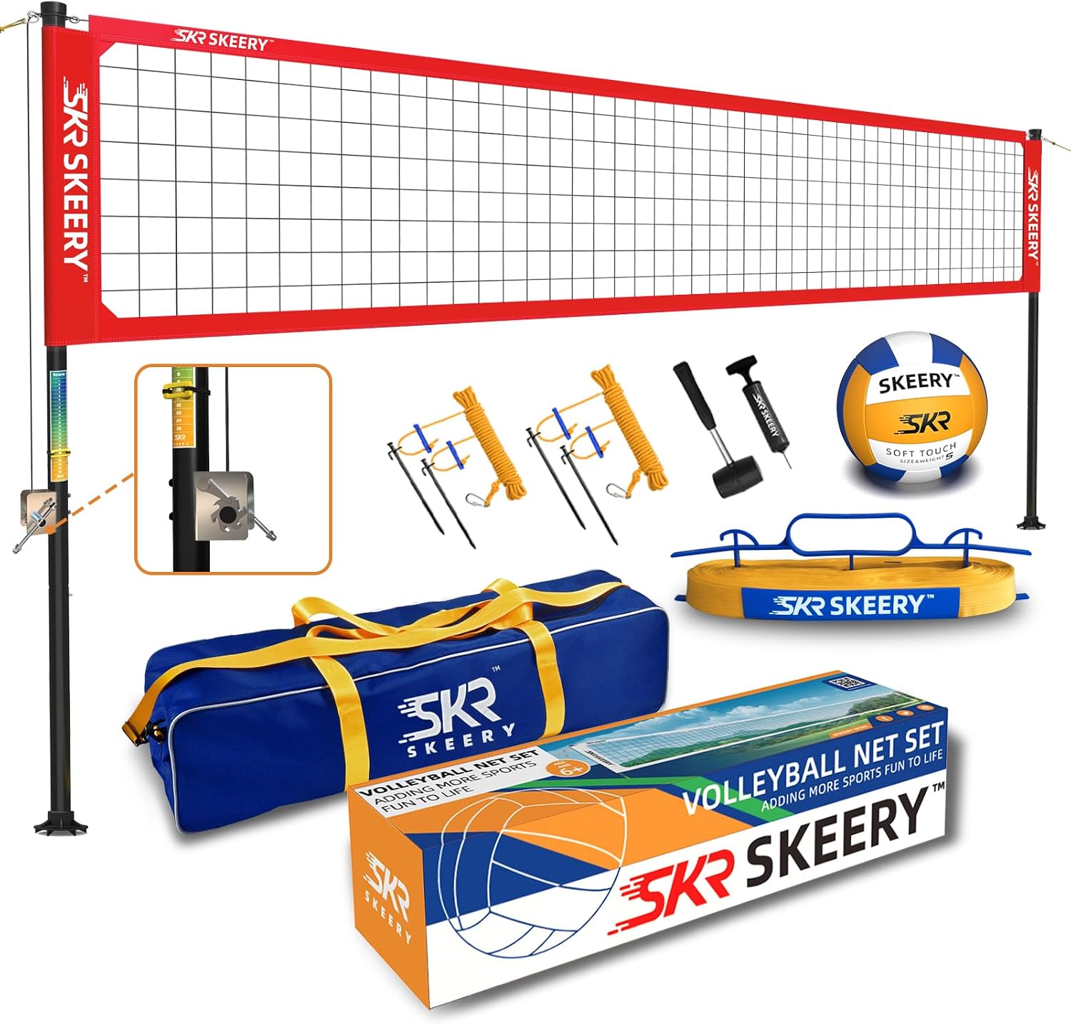 SKEERY Outdoor Heavy Duty Volleyball Net Set, Anti-Sag Design, Adjustable Aluminum Poles, Portable Volleyball Net for Backyard,Grass and Beach