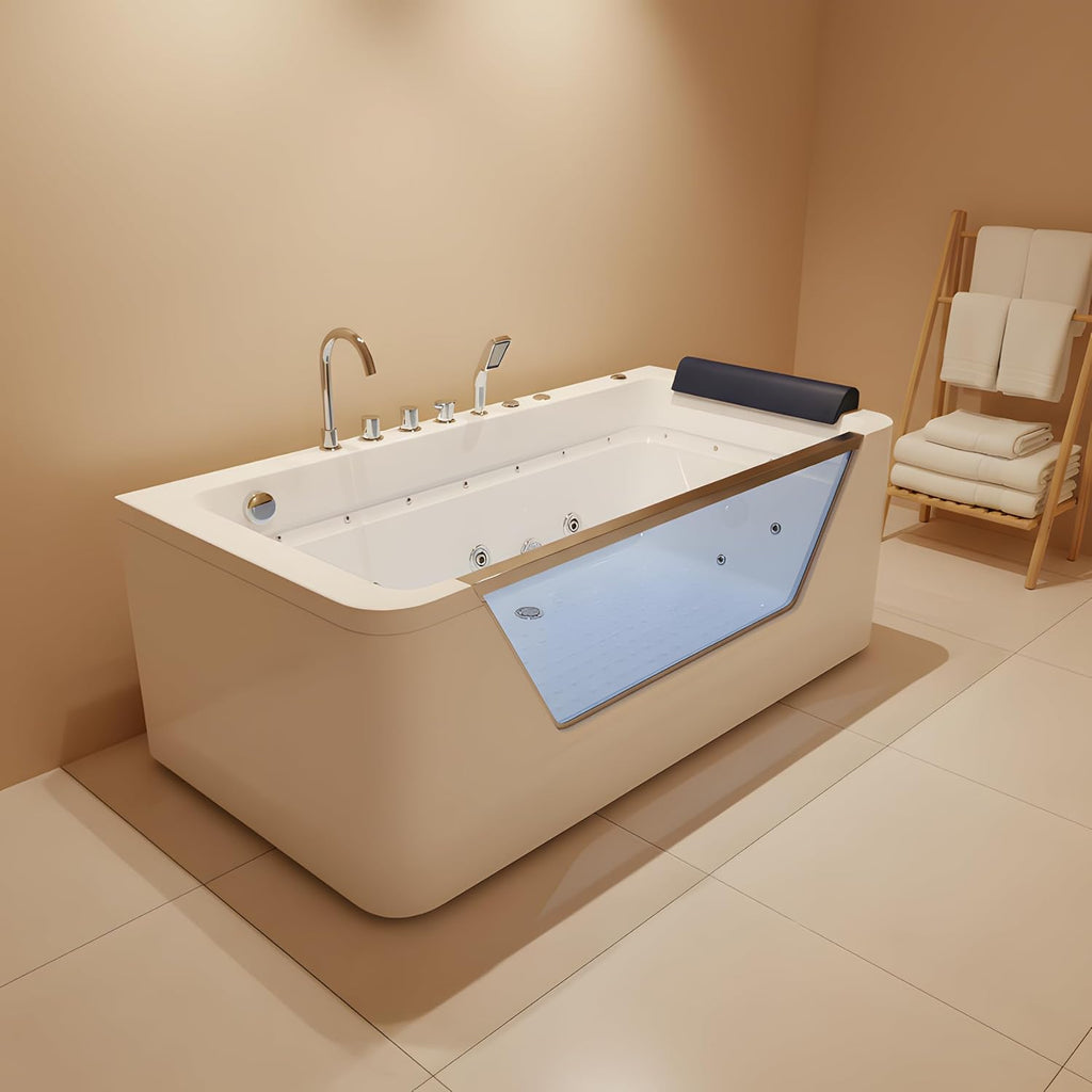 67'L x 31.5'W Whirlpool Tub for Single Person, Massage Whirlpool Bathtub, Hydro Massage, Color-Changing LED Chromatherapy, Air Type Control Switch, 89 Gallons, 7 Jets, 3-Side Apron with Glass, White