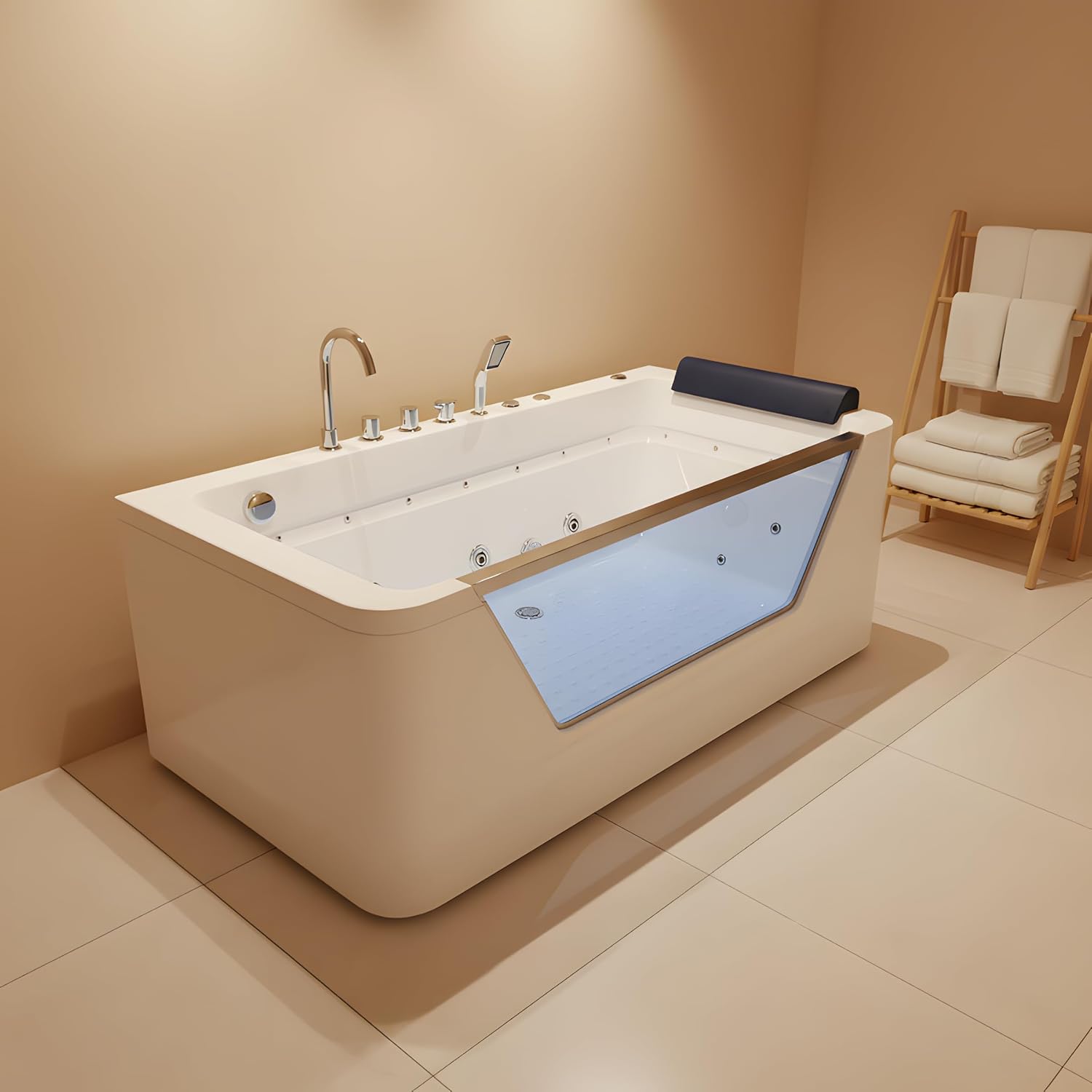 67'L x 31.5'W Whirlpool Tub for Single Person, Massage Whirlpool Bathtub, Hydro Massage, Color-Changing LED Chromatherapy, Air Type Control Switch, 89 Gallons, 7 Jets, 3-Side Apron with Glass, White