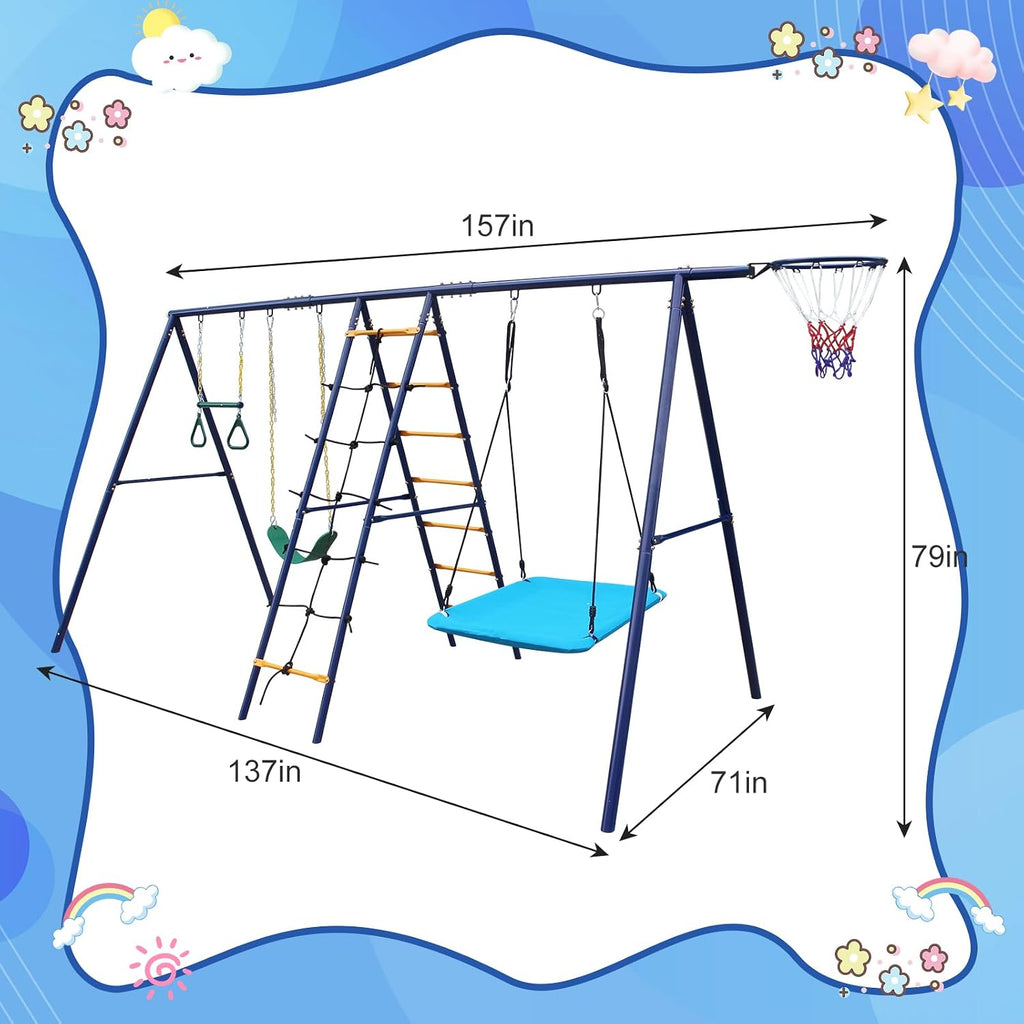 6 in 1 Backyard Swing Set, Heavy Metal A-Frame, Trapeze bar, Climbing net and Ladder, Basketball Hoop, Children's Outdoor Playground Swing Cover