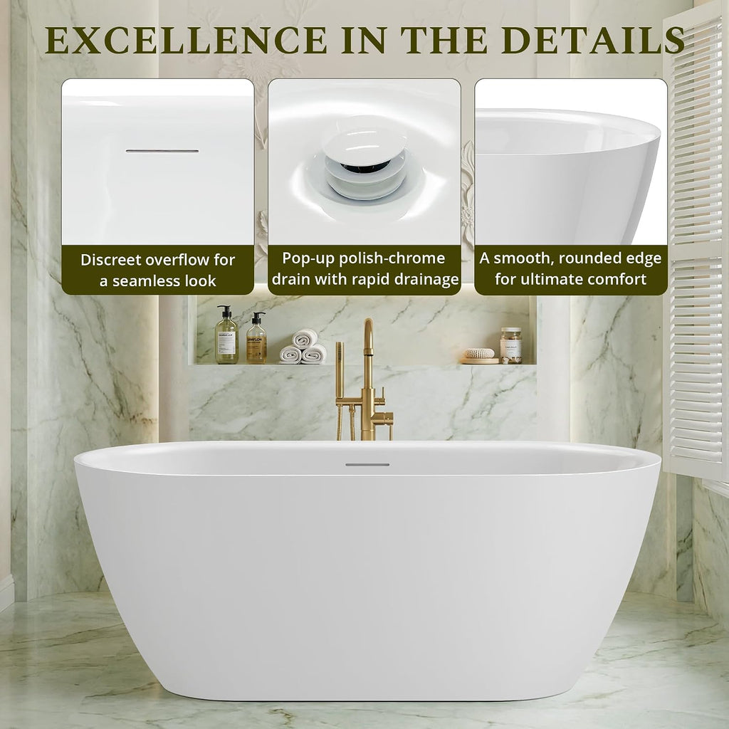 59' Freestanding Bathtub, Modern Oval Acrylic Soaking Tub with Overflow & Shower Function, Deep Standalone Tub with cUPC Certification, Double-Walled Insulation, White (59Inch)