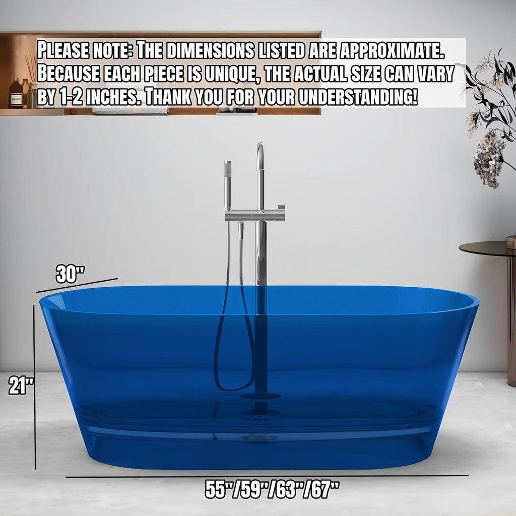 55' Edeyeu Freestanding Bathtub - Luxury Natural Resin Solid Surface Bathtub, Extra Deep Soaking Tub With Artistic Translucent Design, High-End Stand Alone Free Standing Tub Blue B