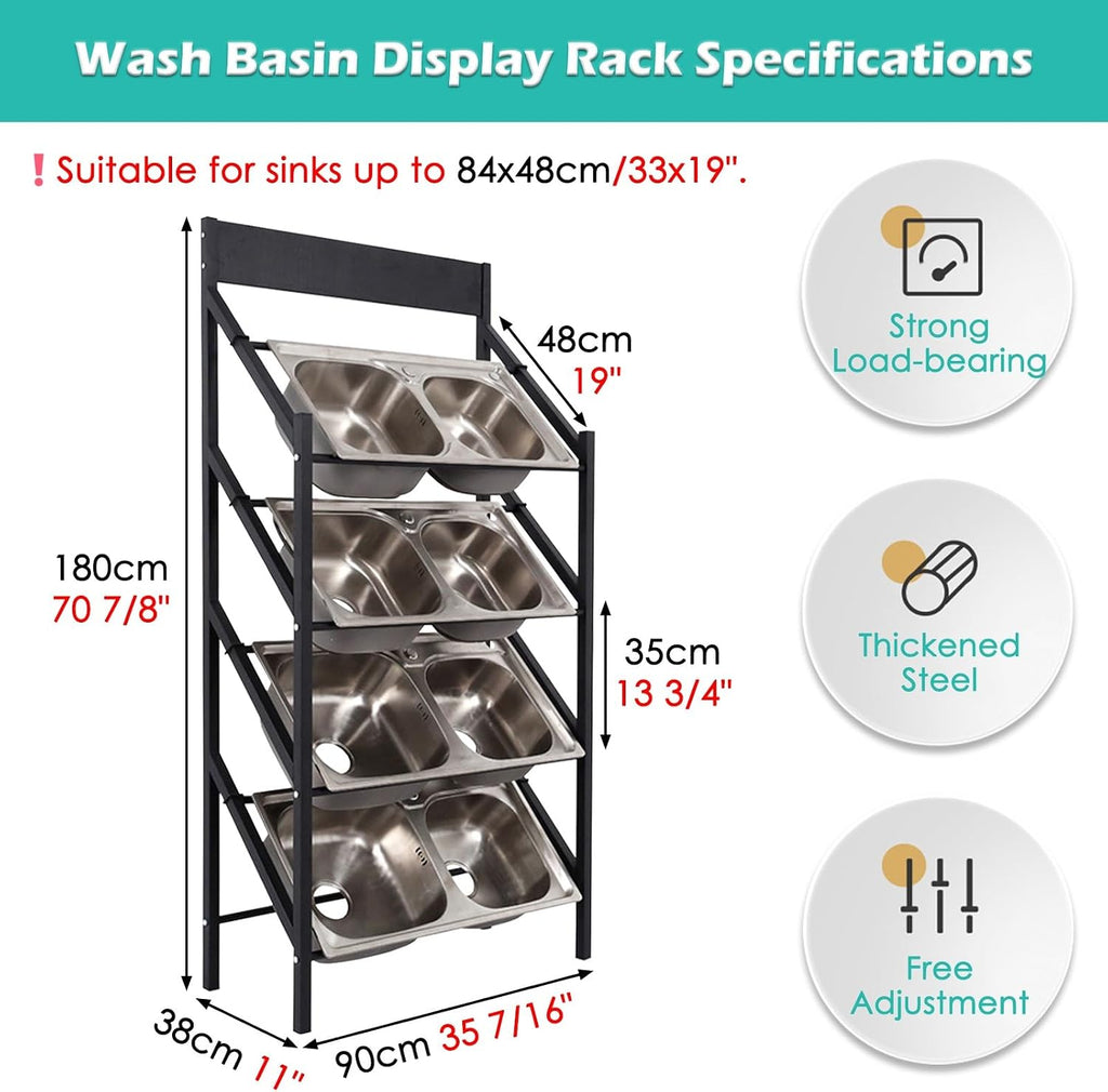 4 Tiers Large Wash Basin Display Rack with Wheels, Commercial Metal Washbasin Sample Display Stand for Household Shops, Adjustable Width Rolling Rack(No Wheel-4 Layers - L 90cm/35.4in