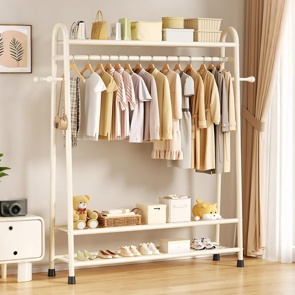 Portable Clothes Rack,Metal Garment Rack With Storage Shelves And Coat/Hat Hooks,Freestanding Clothing Organizer Racks For Hanging Clothes,Black/White(White,85cm(33.4in))