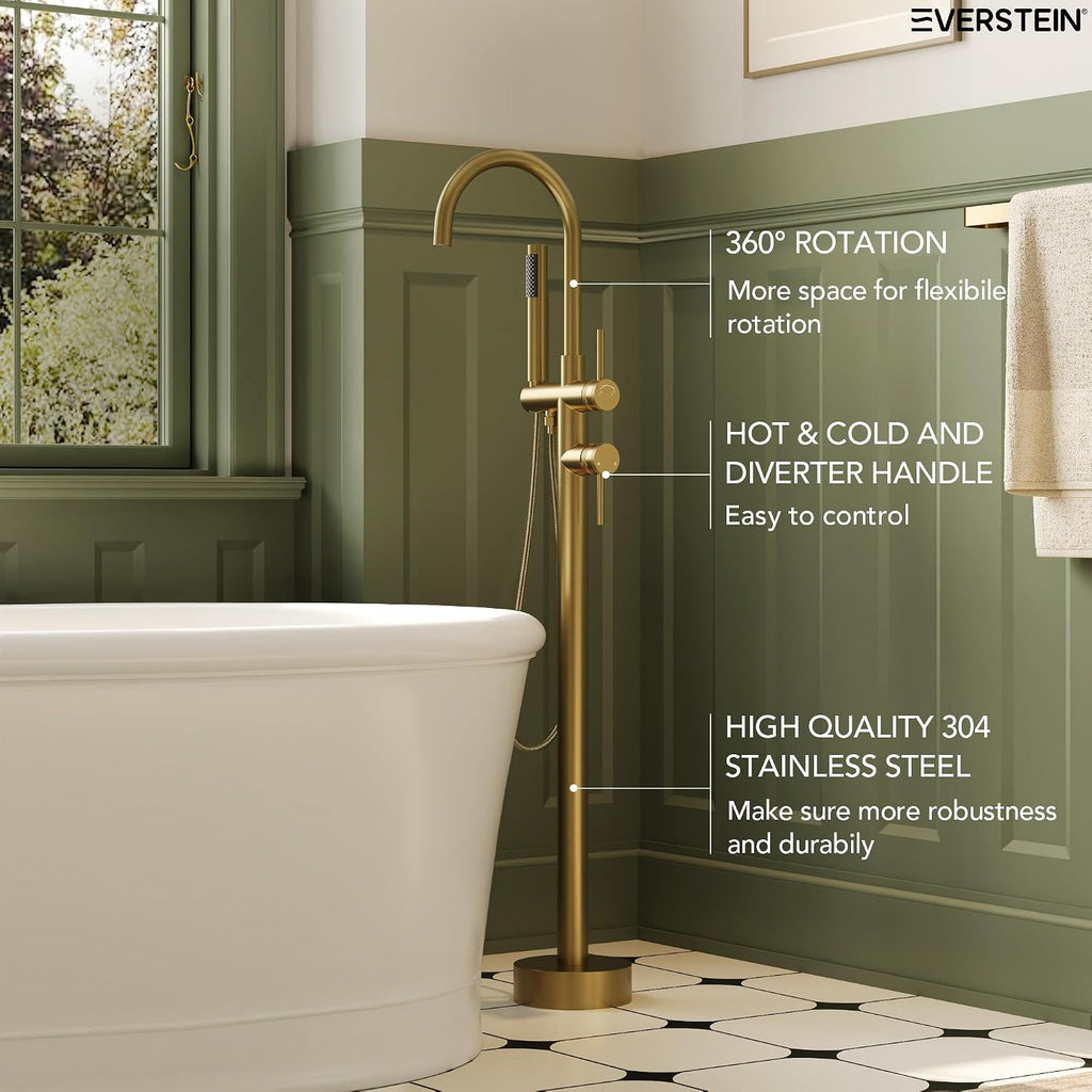 Freestanding Bathtub Faucet with Dual Handle Brass Tub Filler, Floor Mount Gooseneck Swivel Spout and Handheld Shower, Brushed Gold