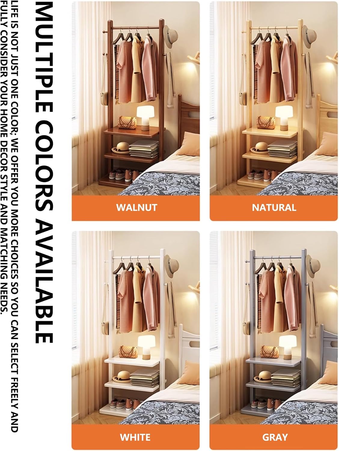Solid Wood Coat Rack Stand with 3-Tier Shelves & 4 Hooks, Heavy Duty Freestanding Garment Rack for Entryway & Bedroom, Open Wardrobe Clothing Organizer, Walnut Finish(Walnut,15.7in)