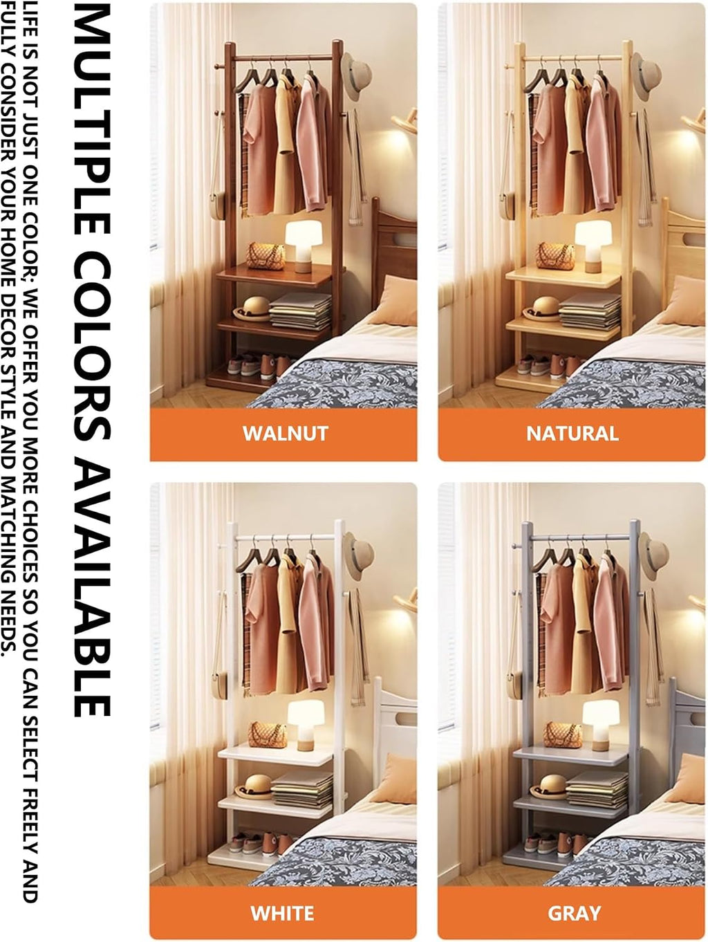 Solid Wood Coat Rack Stand with 3-Tier Shelves & 4 Hooks, Heavy Duty Freestanding Garment Rack for Entryway & Bedroom, Open Wardrobe Clothing Organizer, Walnut Finish(Natural,15.7in)