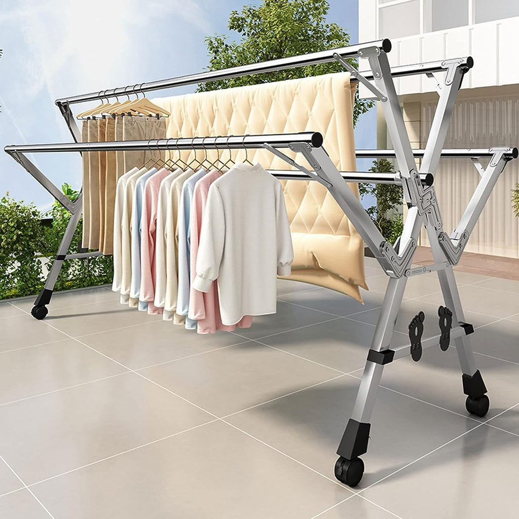 Laundry Drying Rack Floor Folding Indoor Adjustable Clothes Drying Rack Collapsible Laundry Heavy Duty Space-Saving Garment Balcony Bedroom(150cm)