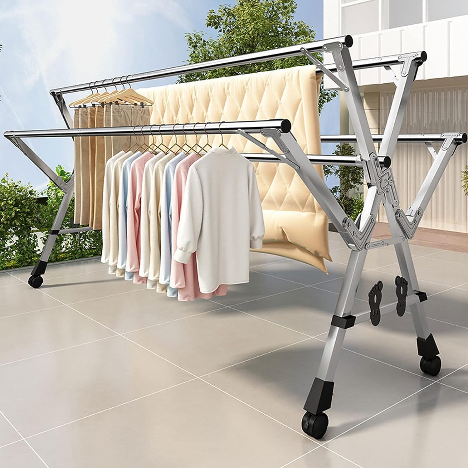 Laundry Drying Rack Floor Folding Indoor Adjustable Clothes Drying Rack Collapsible Laundry Heavy Duty Space-Saving Garment Balcony Bedroom(240cm)