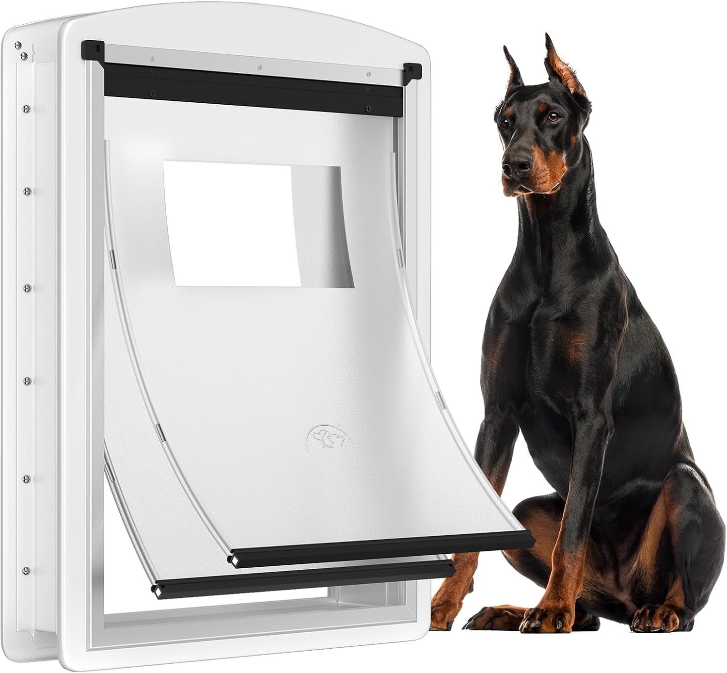 [MAVRICTECH] Extea Large Dog Door for Door, Dog Door for Interior & Exterior Door with Steel Frame and Telescoping Tunnel, Magnetic Two Flaps Design and Two Sliding Lock Panels, Up to 220LBS, White.