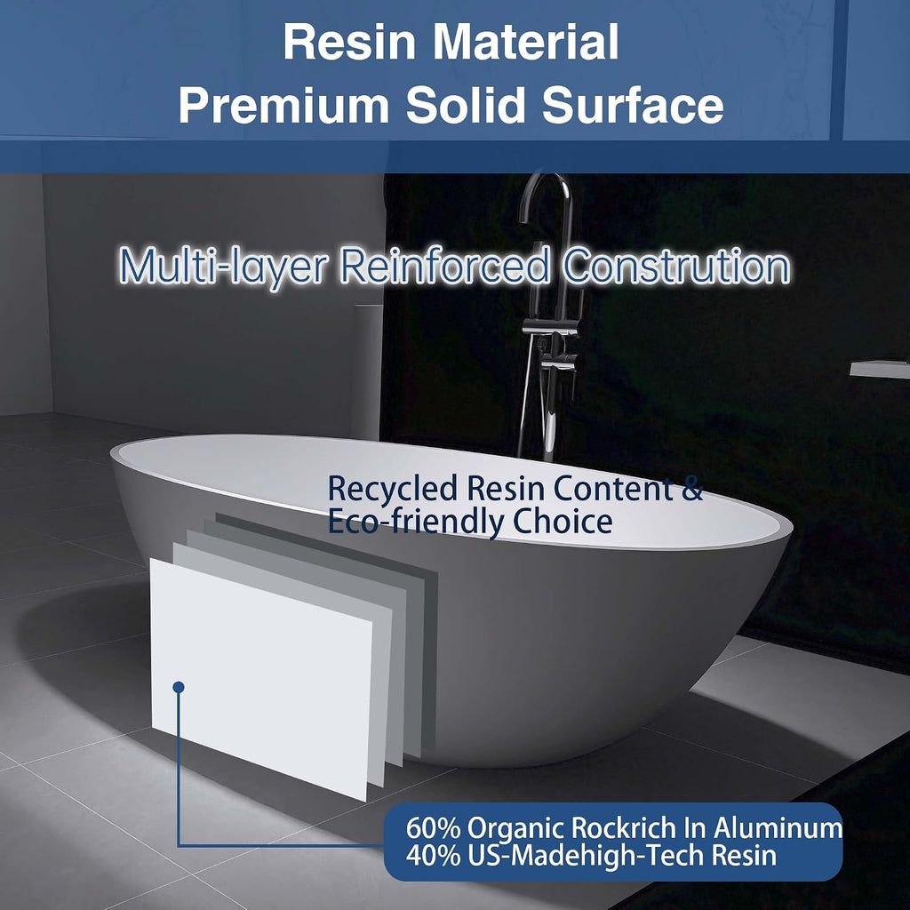 Tubcraft 71' Stone Resin Freestanding Bathtub, Modern Solid Surface Luxury Stand Alone Soaking Tub with Pop-up Drain and Overflow, Matte White,303MW1800