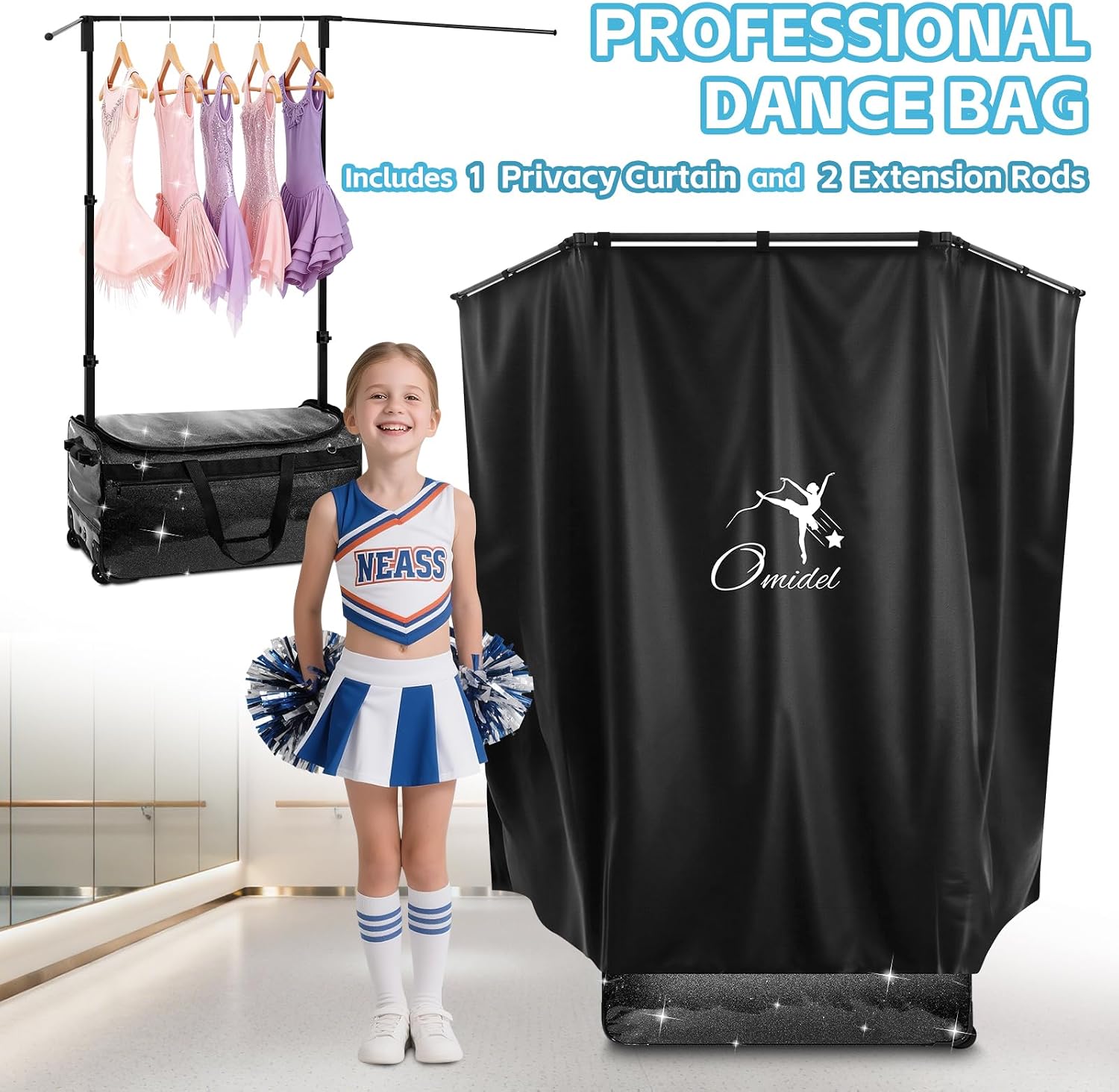Dance Bag with Garment Rack and Curtain | 23' Sparkling Dance Competition Duffle Bag with Rack & Wheels | Upgraded Stable System | Ideal Rolling Dance Suitcase for Dancer Cheerleader Gymnast Traveler