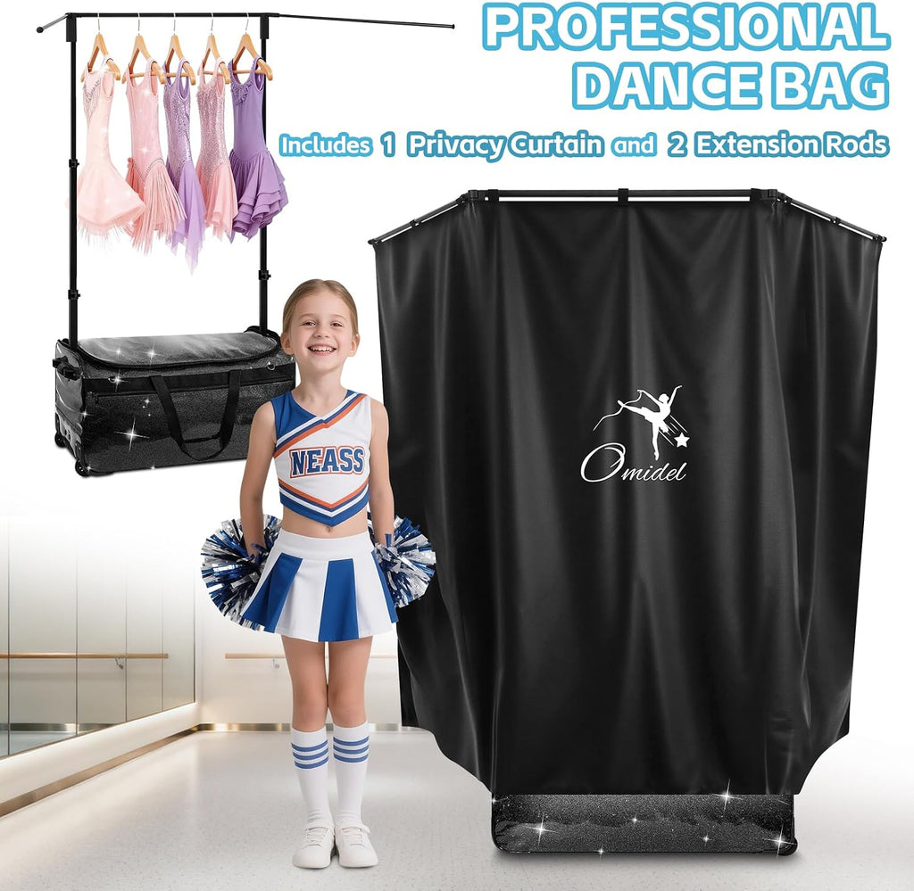 Dance Bag with Garment Rack and Curtain | 28' Sparkling Dance Competition Duffle Bag with Rack & Wheels | Upgraded Stable System | Ideal Rolling Dance Suitcase for Dancer Cheerleader Gymnast Traveler