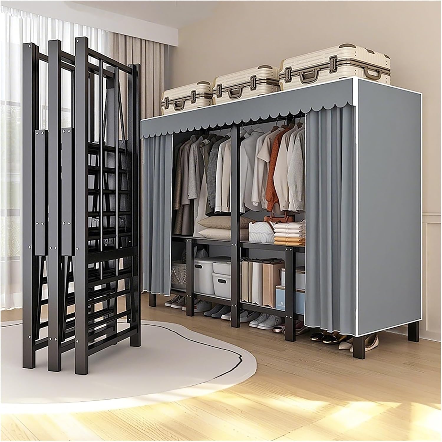 Heavy Duty Foldable Portable Wardrobe Closet With Cover, Portable Closet For Bedroom, Metal Garment Rack Closet, Enclosed Curtain For Hanging Clothes(Grey,59.1inch)