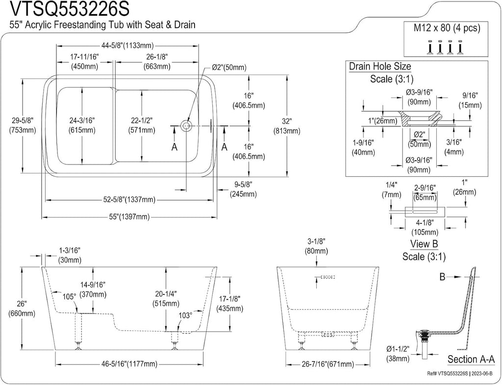 Kingston Brass VTSQ553226S Aqua Eden 55' Acrylic Freestanding Tub with Drain and Integrated Seat, Glossy White