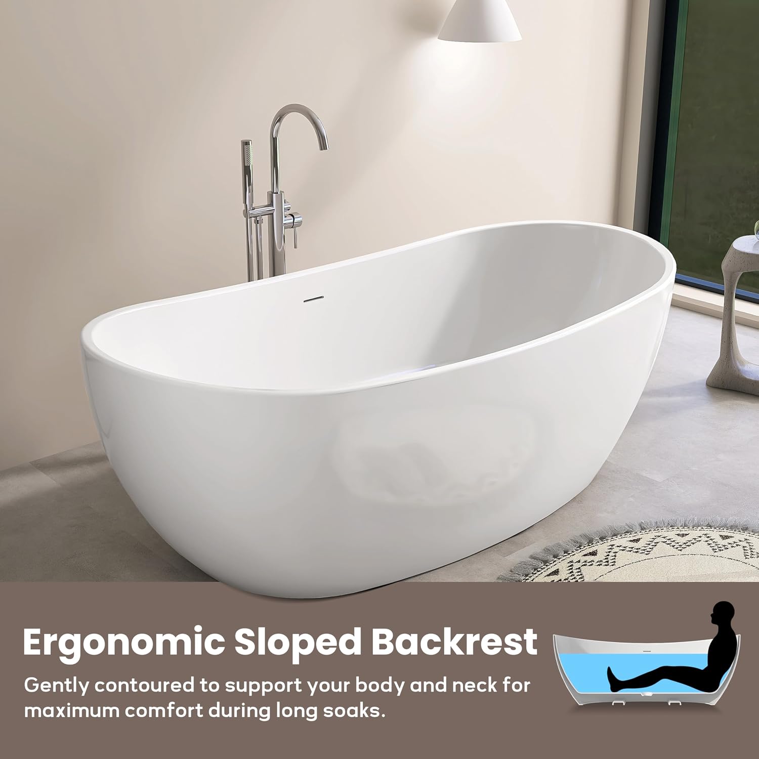 SJ STAR&JANE 65' Freestanding Bathtub, Acrylic Soaking Bathtub, Modern Acrylic Stand Alone Tub in white Intergrated Drain and Overflow,cUPC Certified