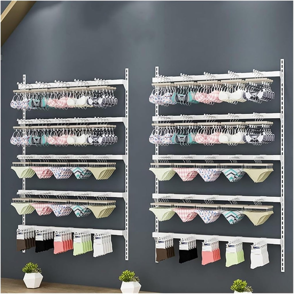 Clothes Rail Garment Rack 5 Tiers Wall Mounted Underwear Store Bra Display Rack, Socks Organizer Display Stand, Metal Storage Rack for Retail Stores/Farmers Markets(Wh