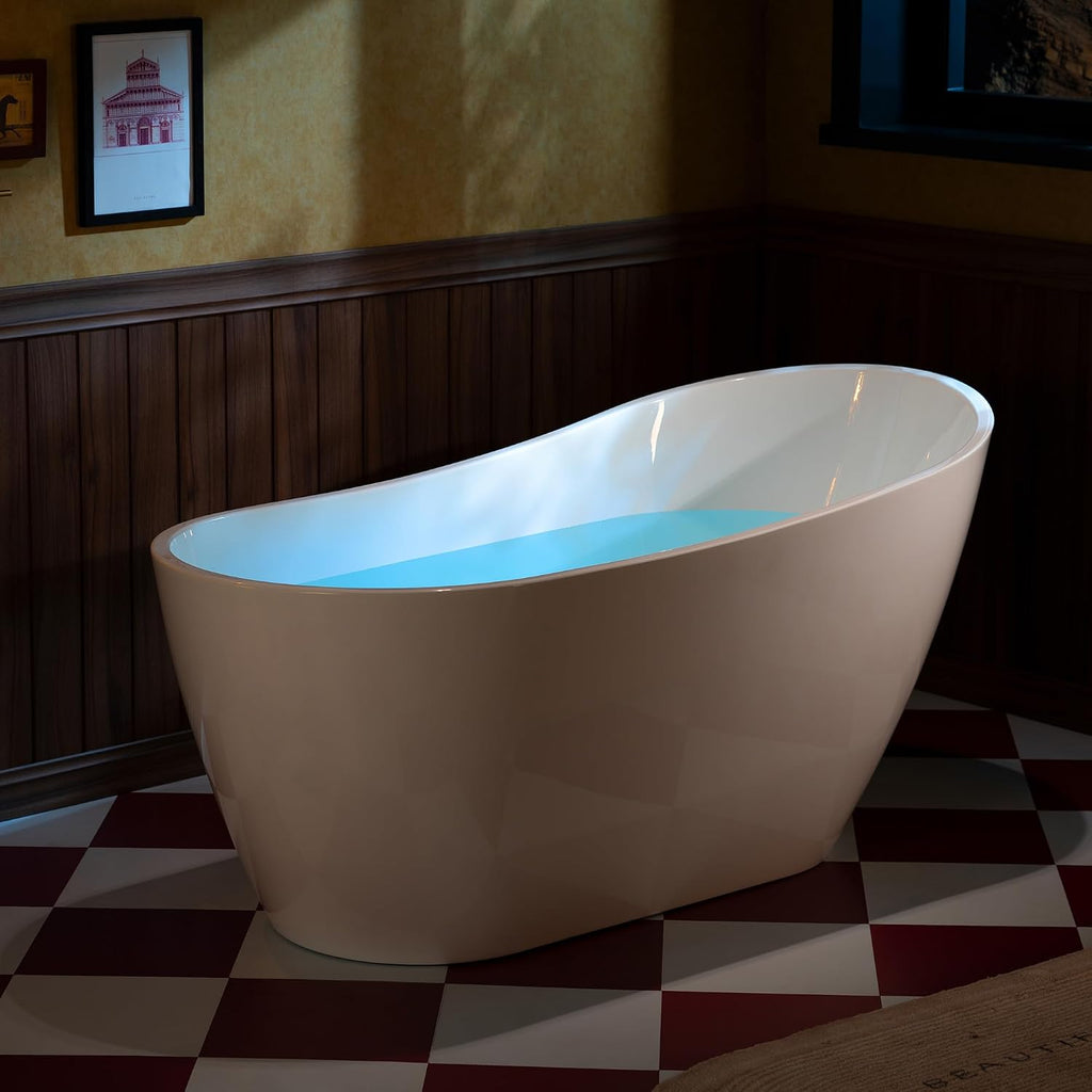 WOODBRIDGE 59' Acrylic Freestanding Bathtub Contemporary Soaking White Tub with Chrome Overflow and Drain,White