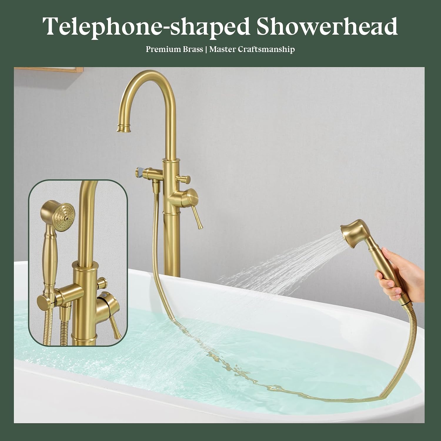 Free Standing Tub Faucet, Wintap Classic Freestanding Bathtub Faucet with Sprayer Brass Elegant Floor Mount Bath Faucets High Flow Roman Tub Filler, Brushed Gold （WT-3311BG）