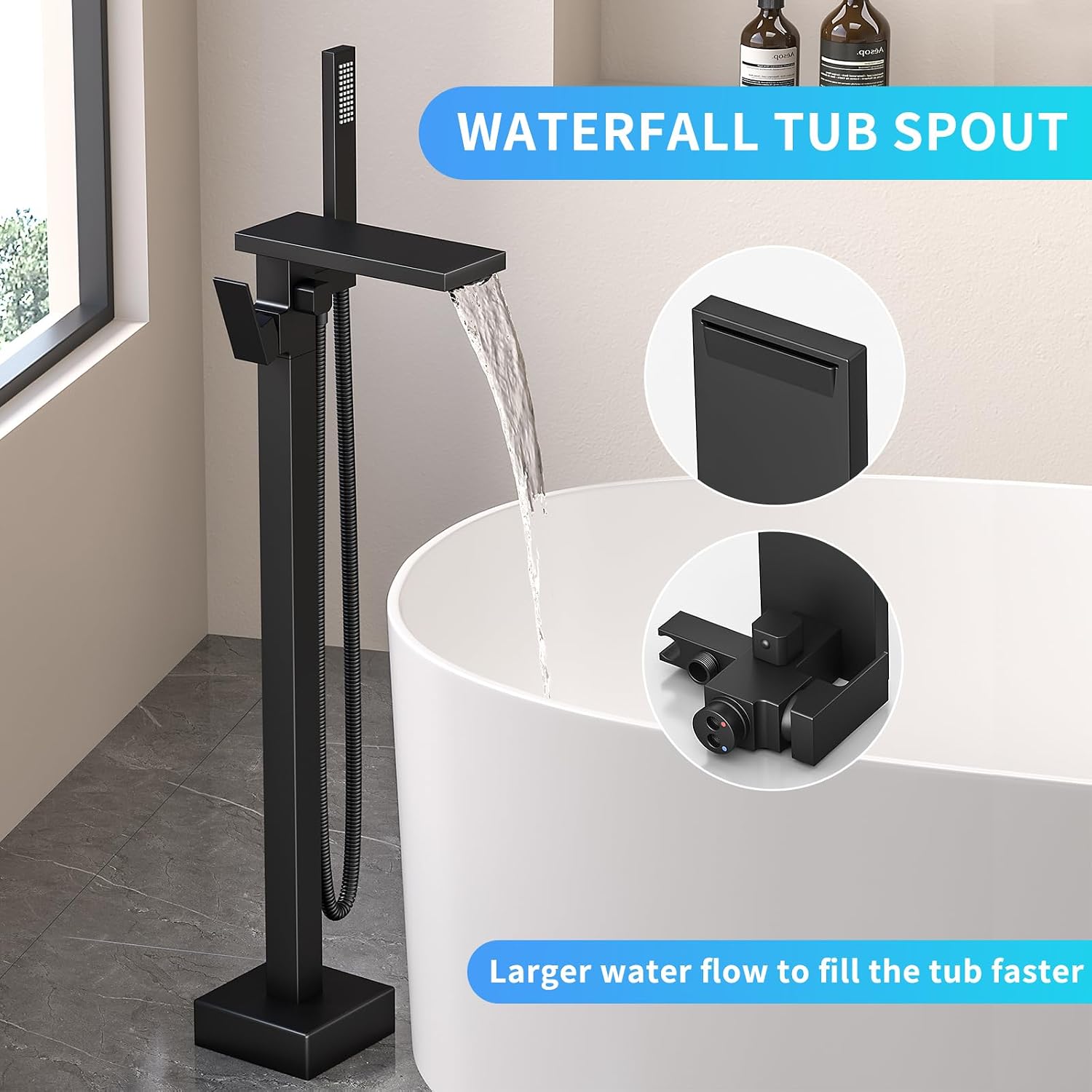 Freestanding Bathtub Faucet with Handheld Spray Single,High Flow Waterfall Bath Shower Faucet,Floor Mount Bathtub Faucet Swivel Flat Waterfall Spout Matte Black