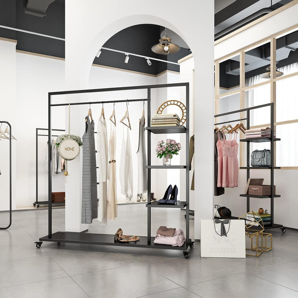 Black Clothing Racks with Shelf, Boutiques Retail Clothing Rack, Heavy Duty Industrial Clothes Racks, Multiple Uses Display for Home and Retail(Black)