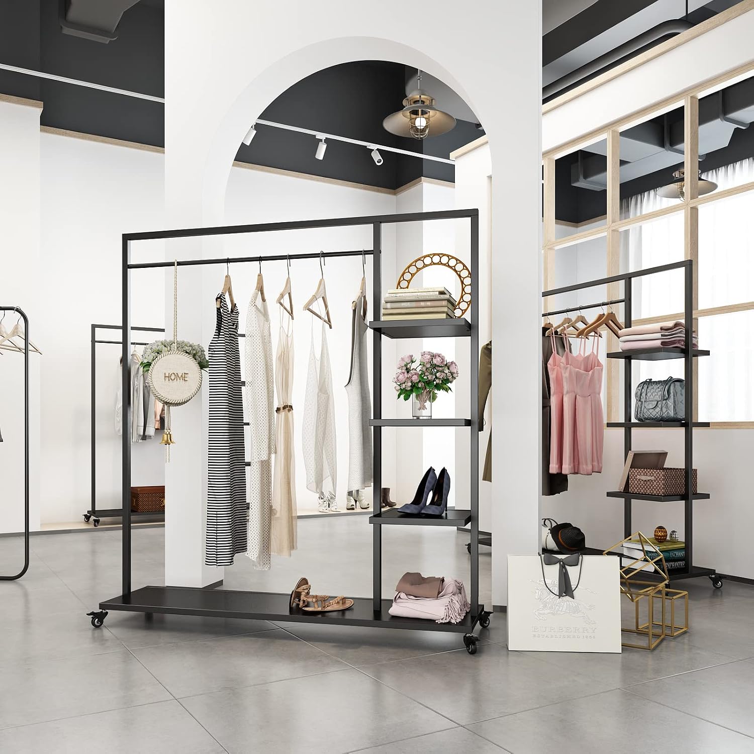 Black Clothing Racks with Shelf, Boutiques Retail Clothing Rack, Heavy Duty Industrial Clothes Racks, Multiple Uses Display for Home and Retail(Black)