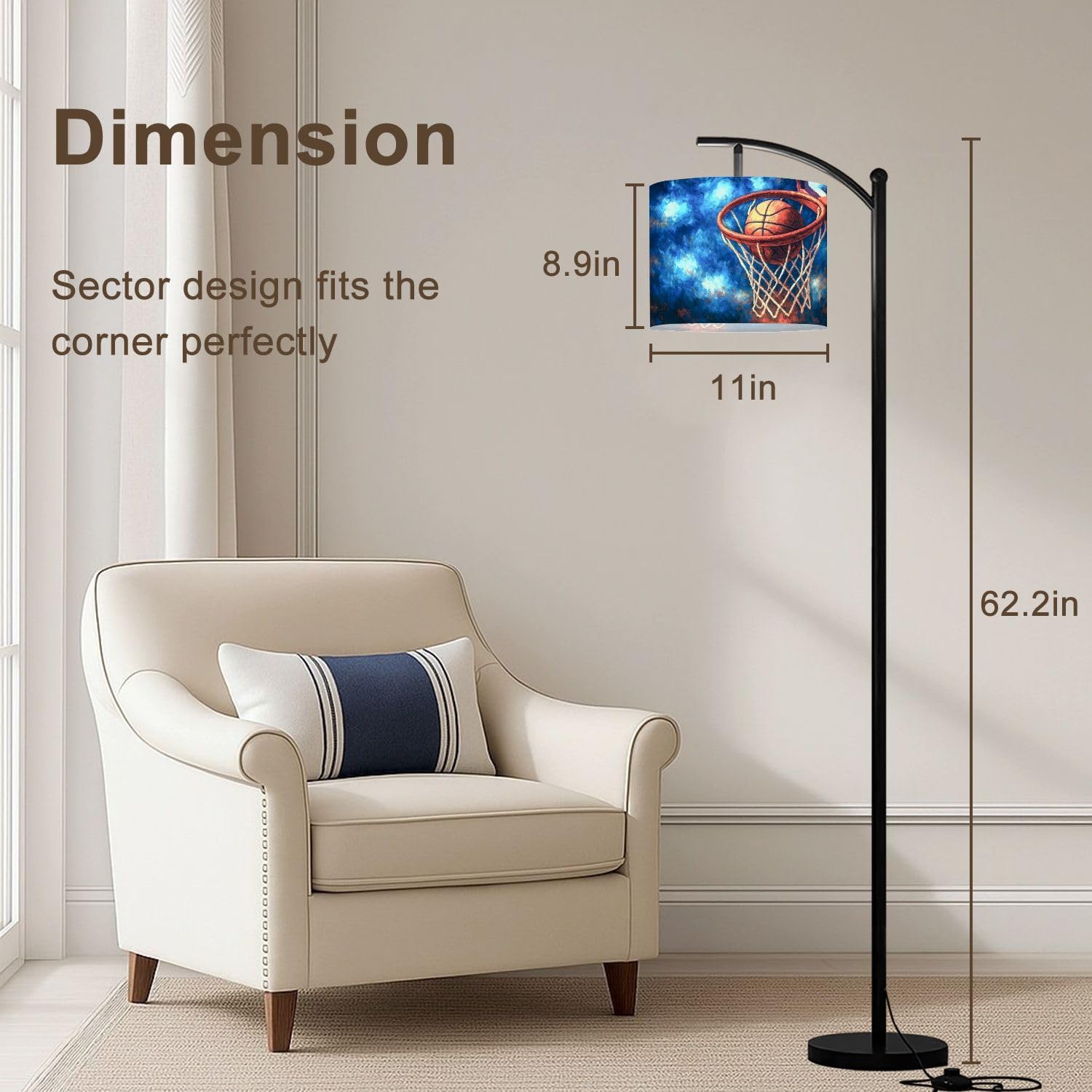 Arc Floor Lamp Sports Baseball Sport Theme Vintage Basketball Hoop Net Sky Dynamic Tall Standing Lamp Modern Dimmable with Remote Adjustable Drum Shade Footswitch for Living Room Bedroom Office