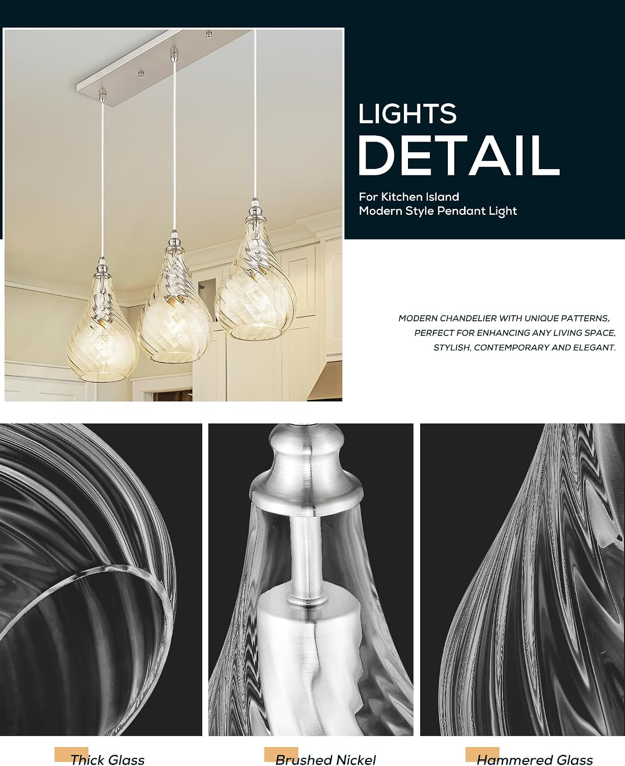 TENGXIN 3-Light Pendant Lights for Kitchen Islands - 6 Inch Brushed Nickel with Striped Glass. Farmhouse Style, Ideal for Dining Rooms and Bedrooms, Model TXPLBN12-3.