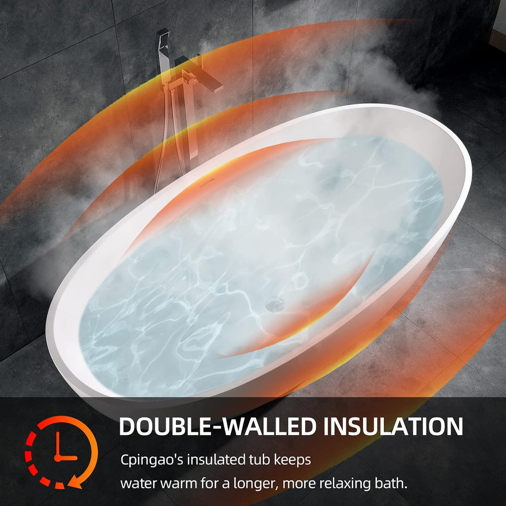 Cpingao 67' Freestanding Bathtub, Oval Shaped Stone Resin Freestanding Tubs, Solid Surface Matte White Soaking Tub with Overflow and Pop-up Drain 8801-1700