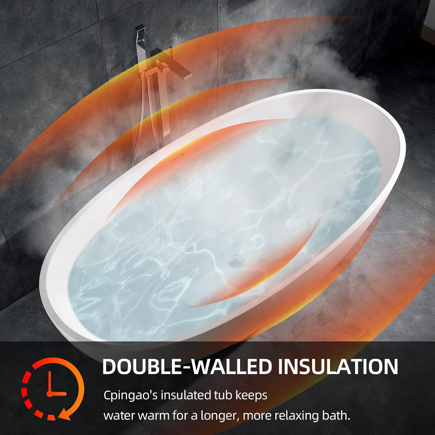 Cpingao 67' Freestanding Bathtub, Oval Shaped Stone Resin Freestanding Tubs, Solid Surface Matte White Soaking Tub with Overflow and Pop-up Drain 8801-1700