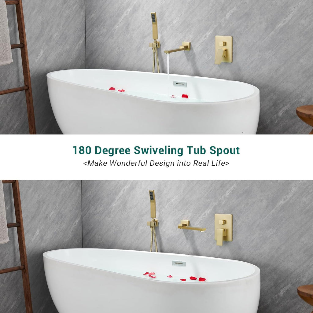 DASAN Swiveling Wall Mount Tub Filler Faucet Set with Hand Held Shower, Brushed Gold Modern Creative Bathtub Faucet Wall Mounted Bath Tub Faucet with High Flow Rough in Valve, SA-TF05WH-BG