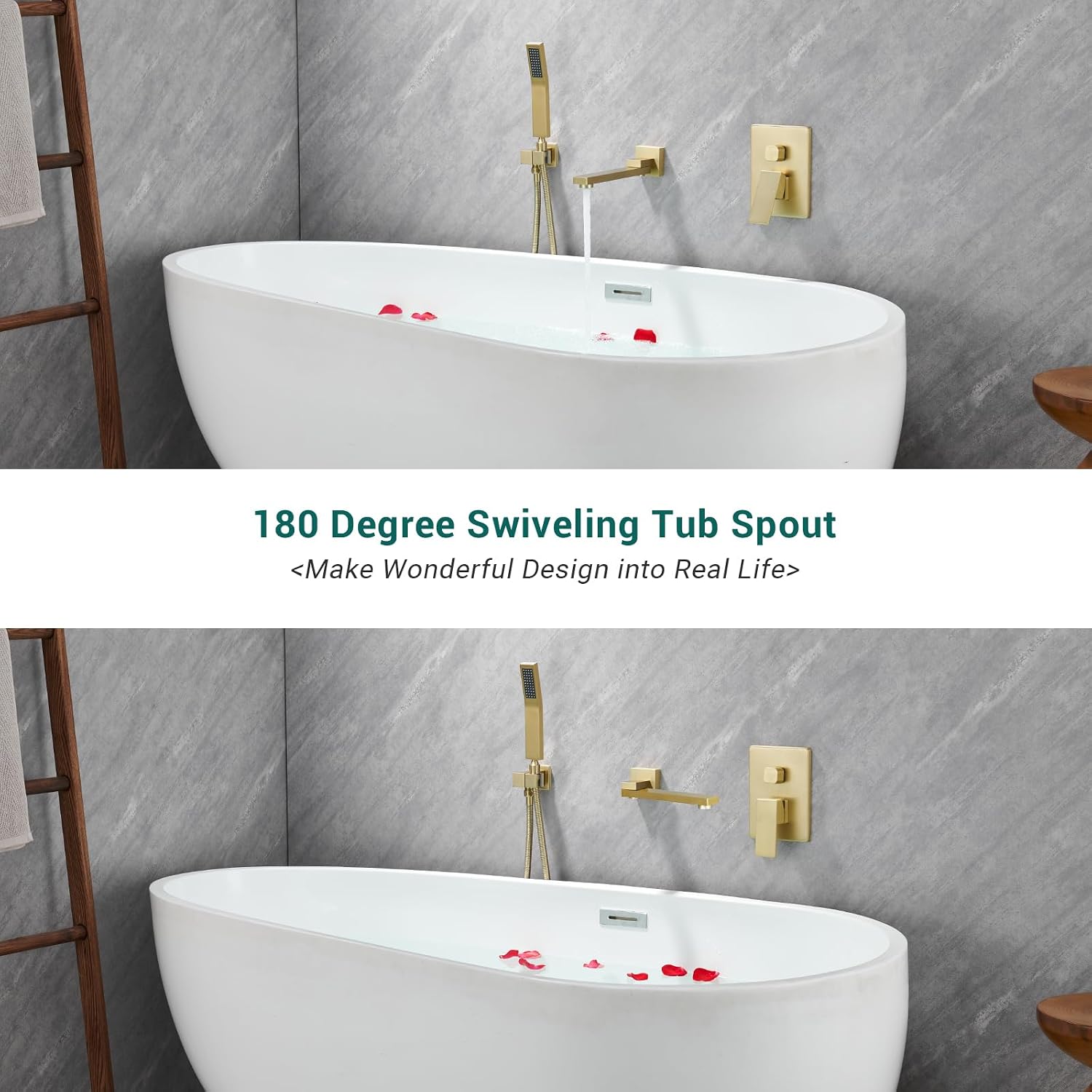 DASAN Swiveling Wall Mount Tub Filler Faucet Set with Hand Held Shower, Brushed Gold Modern Creative Bathtub Faucet Wall Mounted Bath Tub Faucet with High Flow Rough in Valve, SA-TF05WH-BG